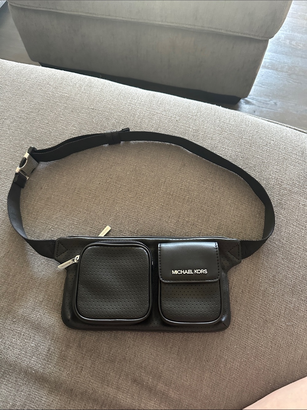 Michael Kors Black Perforated Leather Belt Bag with Logo Flap